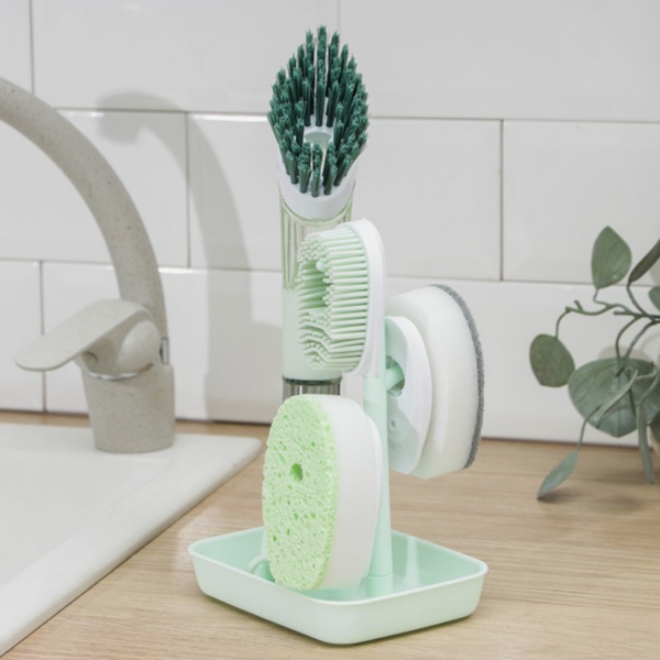 Набор для чистки посуды Практик Ручка-дозатор, 4 щетки, держатель-стойка, цвет зеленый