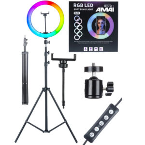 Кольцевая лампа AMAI RGB MJ30 30 см цветная со штативом для фото, видео съемки, для селфи