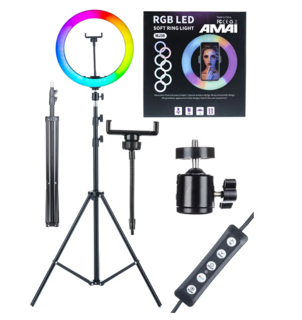 Кольцевая лампа AMAI RGB MJ30 30 см цветная со штативом для фото, видео съемки, для селфи
